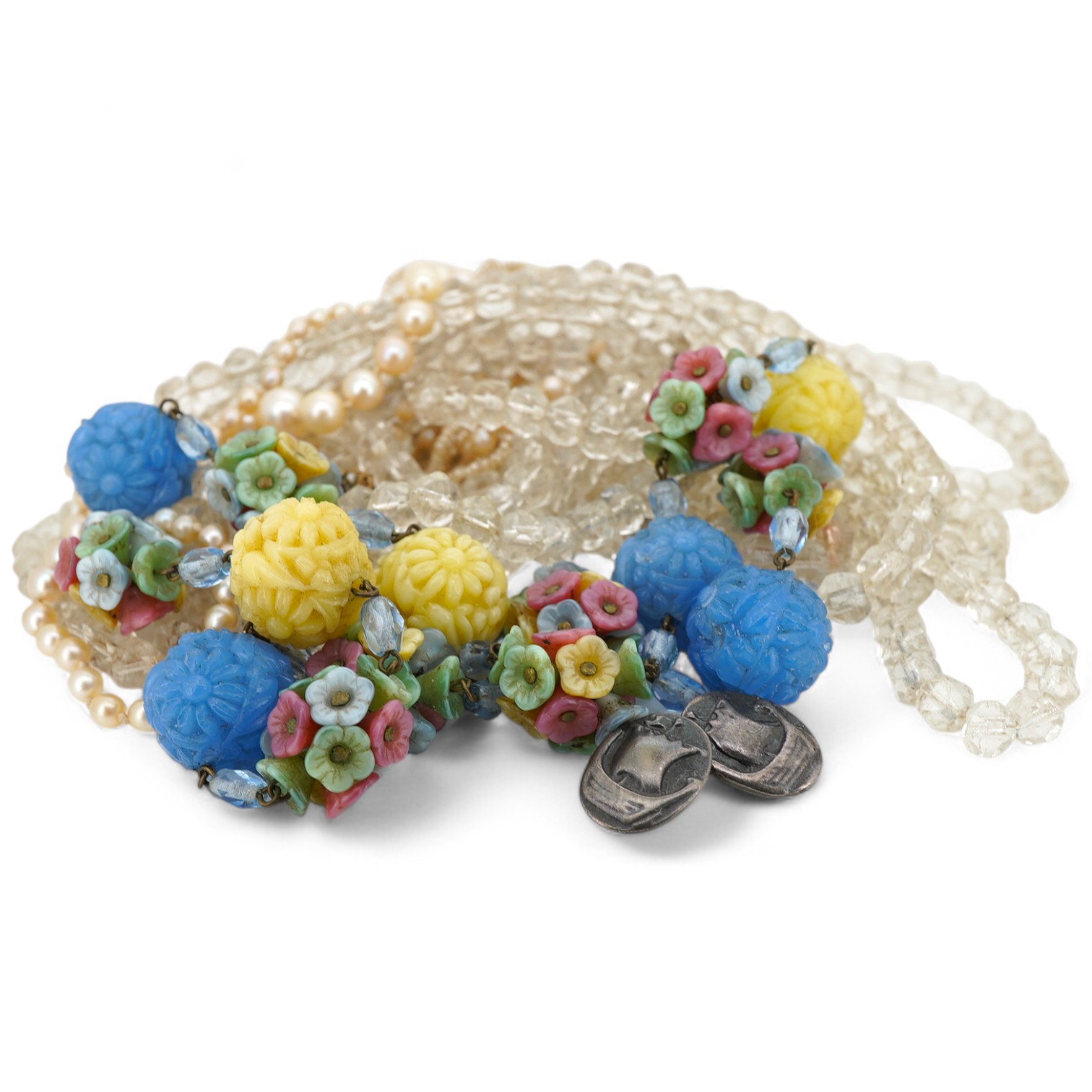 A collection of jewels including a Victorian multi-strand seed pearl necklace with a blue enamel and rose-cut diamond clasp, case stamped Watherston; an Edwardian multi-strand seed pearl necklace, to a gold barrel clasp,